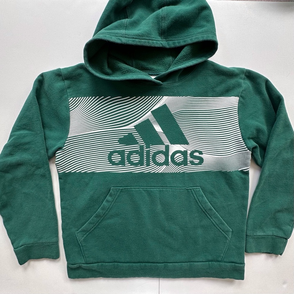 Adidas green & white long sleeve pullover hoodie boys L 14-16